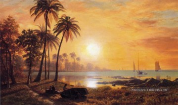 Paysage tropical avec des bateaux de pêche à Bay Albert Bierstadt Peinture à l'huile